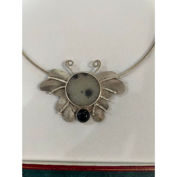 Artisan Sterling Silver Butterfly Necklace Druzy Quartz & Black Onyx – Statement - Picture 2 of 10